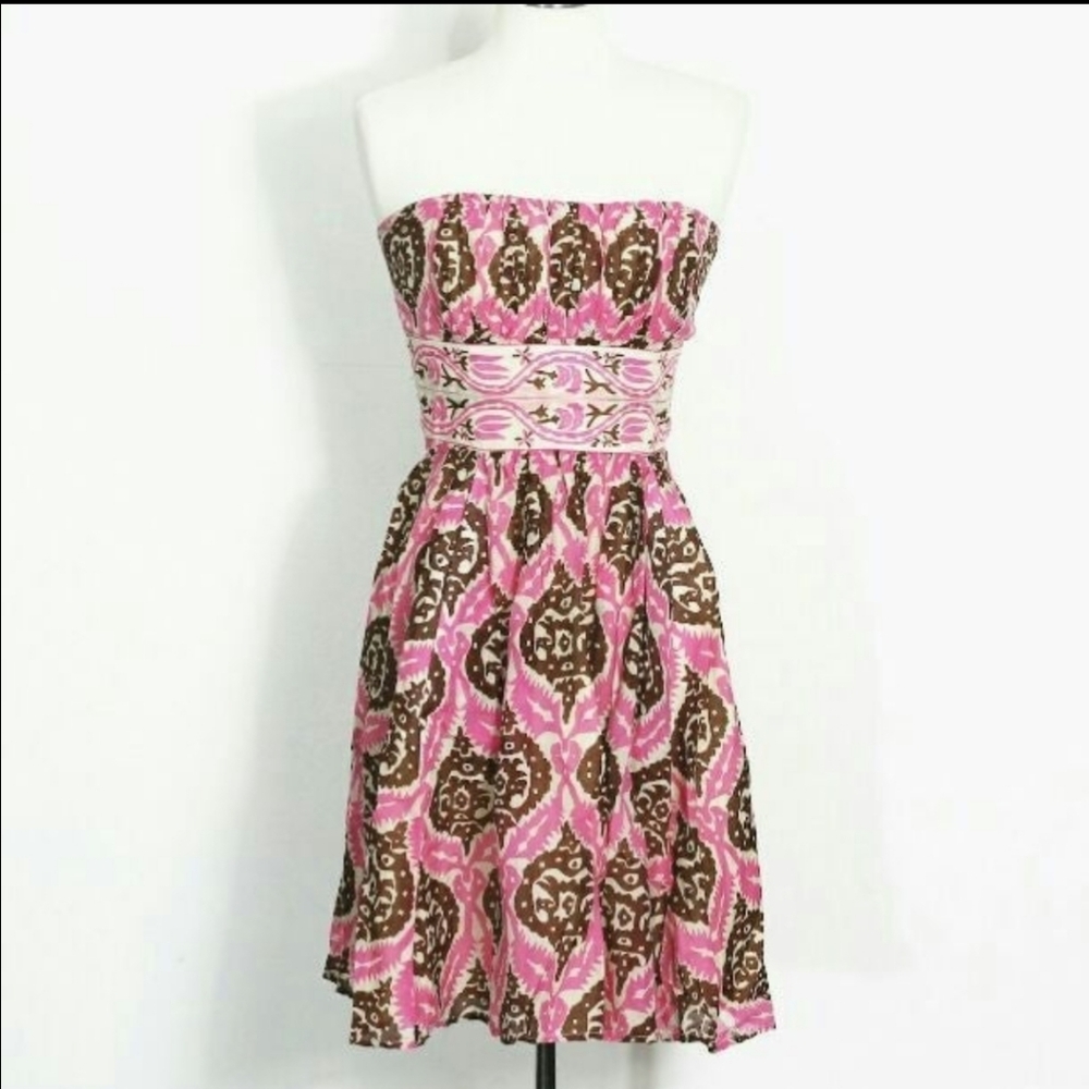 Anthropologie Strapless Pink and Brown Printed Dress